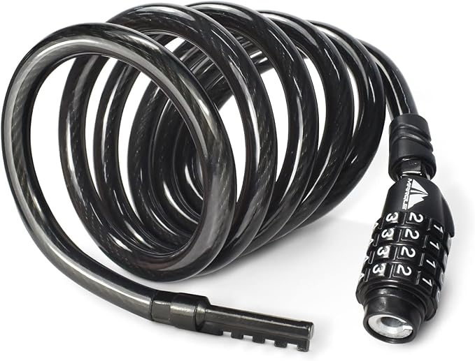 MARQUE Combination Bike Lock Cable- 3/8 inch (5FT, 10FT, 15FT, 25FT) Resettable Combination Lock, Anti-Theft Coiled Secutiry Cable for Bicycles, Kayaks, Paddle Boards, Gates and Outdoor Gear (5 FT)