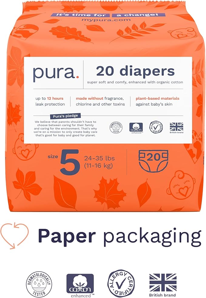 Pura Size 5 Eco-Friendly Diapers (24-35 lbs) Totally Chlorine Free (TCF) Hypoallergenic, Soft Organic Cotton, up to 12 Hours Leak Protection, Allergy UK, 3 Packs of 20 (60 Count)