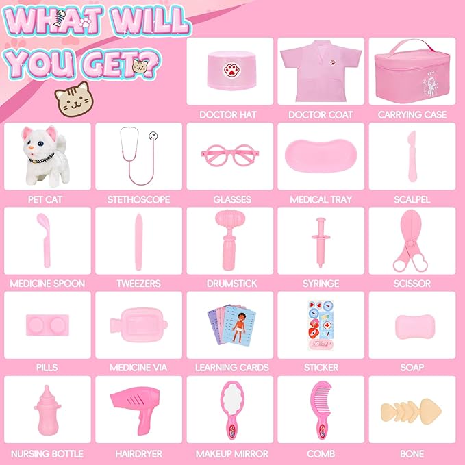 Doctor Kit for Girls, 27 Pcs Veterinarian Playset with Walking Cat Toy, Carrying Bag, Stethoscope & Dress Up Costume, Pretend Play Gift for Kids Toddlers Ages 3 4 5 6 Year Old