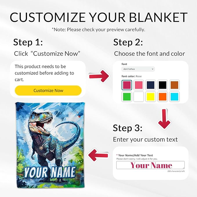 Kids Custom Dinosaur Blankets for Boys - Lightweight Dino Flannel Toddler Personalized Throws and Blanket for Home Crib