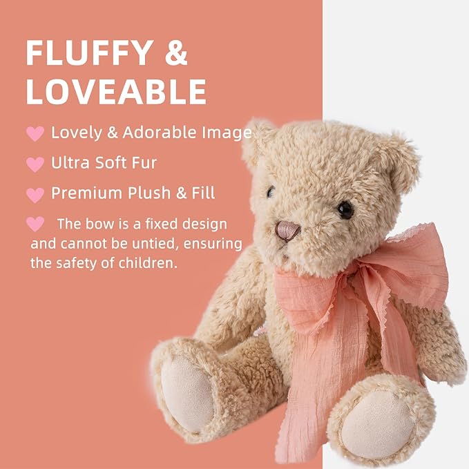 Plush Teddy Bear 7.5” Stuffed Animal Toy with Pink Bow, Plush Toys Soft Cuddly Fluffy Companion, Stuffed Bear Adorable Plushie Toys Ideal Gift for Girls, Boys