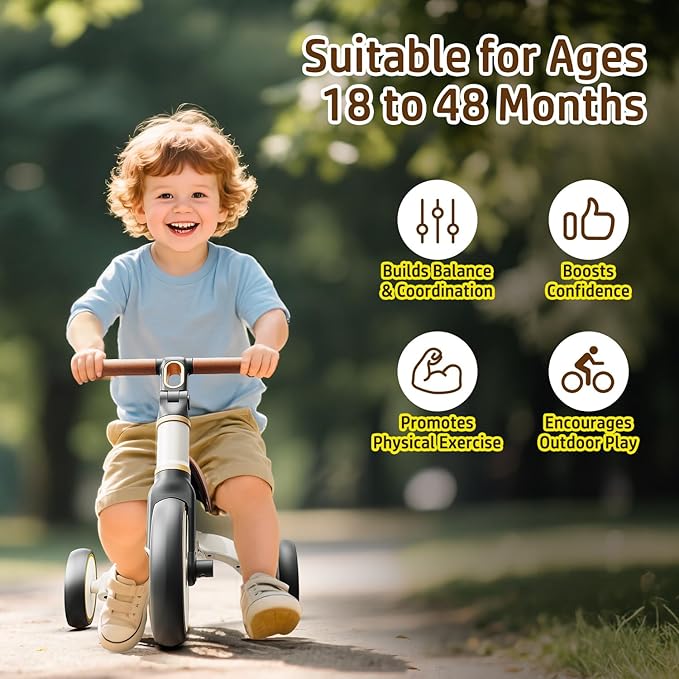5-in-1 Toddler Bike, Kids Balance Bike & Ride-On Tricycle for 18 Months to 4 Years, Outdoor and Indoor Gift Bike for 1-3 Year Old, Birthday Present Toy for Boys & Girls, White