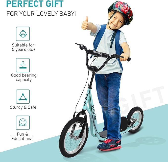 Aosom Youth Scooter, Teens Kick Scooter, Adjustable Handlebar Ride On Toy for 5+ with 16" Front and 12" Rear Dual Brakes Inflatable Wheels