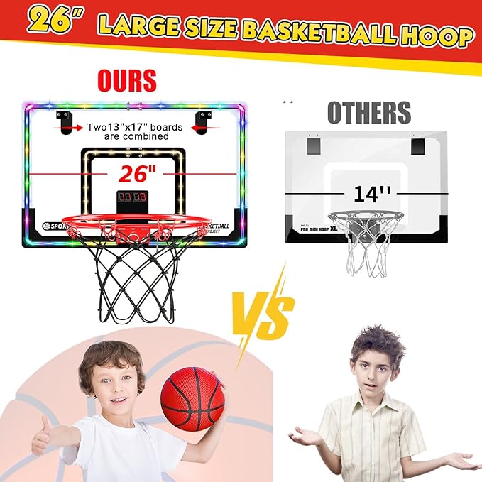 Extra Large 26" x 17" Pro Indoor Basketball Hoop Over The Door with LED Lighting Electronic Scoreboard, Mini Basketball Hoop for Kids, for Boys Girls Teens Adults B&R
