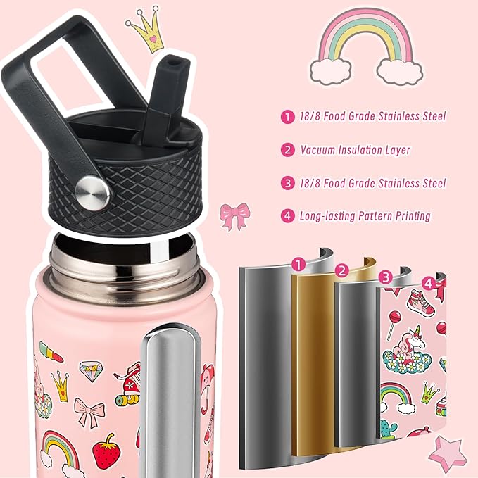 BJPKPK Insulated Water Bottle with Straw Lid, 15 oz Stainless Steel Metal Water Bottles, Reusable Leak Proof BPA Free Water Bottles, Cups, Thermo, Unicorn