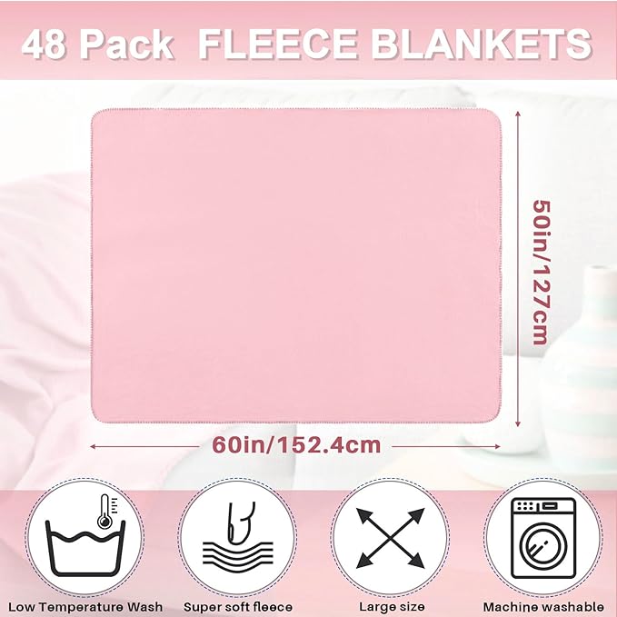 Newwiee 48 Pcs Fleece Throw Blankets Bulk Outdoor Wedding Guest Gifts Soft Lightweight Sleepover Lap Blankets Pet Home Sofa Couch Office Donation Homeless, 50 x 60 Inch (Rose Pink)