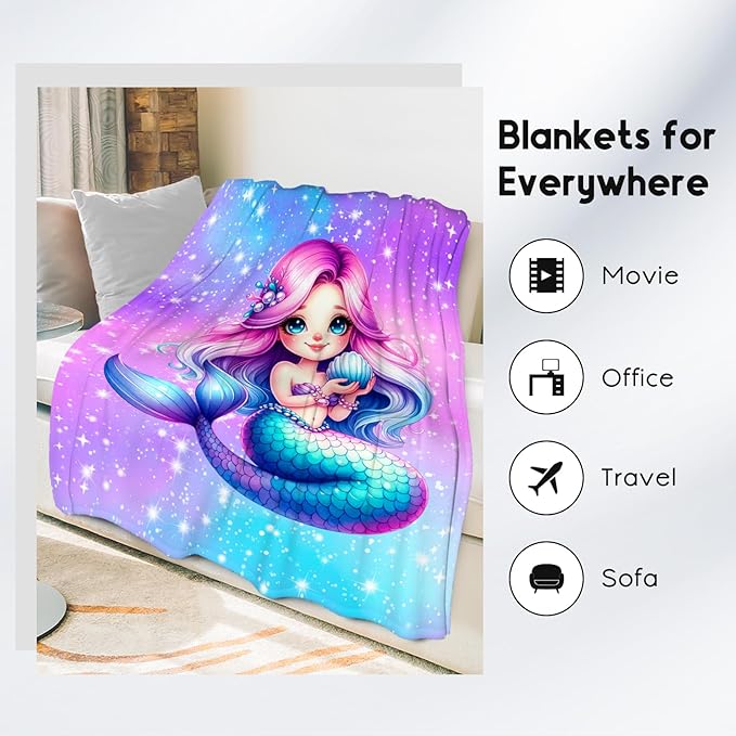 Mermaid Blanket Gifts for Girls - Soft Cozy Fleece Throws for Couch, Office 30"x40"