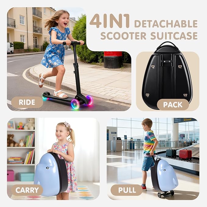 smilesun 4-in-1 Detachable Scooter Suitcase for Kids & Teens, 3D Owl/Dolphin Hardside Ride-On Luggage, Lightweight Foldable Design, Unique Travel Gift for Children (Dolphin, 22-inch)