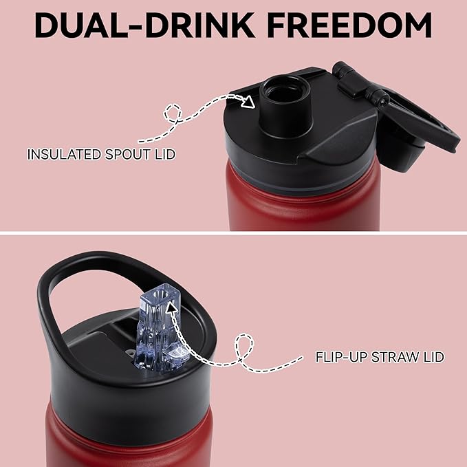 16 oz Insulated Water Bottle Bulk 8 Pack, Straw & Spout Lid, Keep Cold 24H, Spill Proof, BPA-Free, Double Wall, Stainless Steel Kids Water Bottles for School, Sports, Red