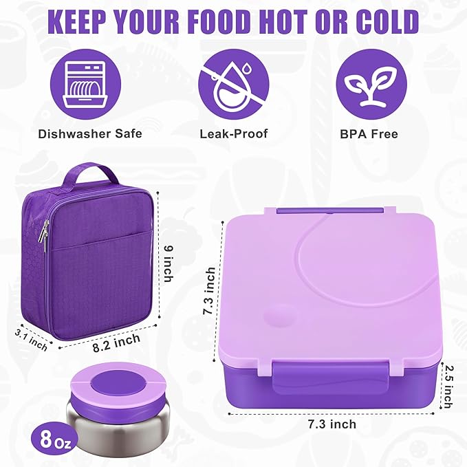 Itslife Bento Lunch Box for Kids with 8oz Soup Thermo&Lunch Bag, Leak-Proof Lunch Food Containers with 4 Compartment, Hot Food Insulated Food Jar for Kids School (Purple)