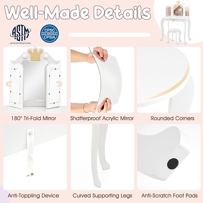 Costzon Kids Vanity with Lights, Girls Vanity Set with Mirror and Stool, Drawer, 2 in 1 Princess Makeup Desk Dressing Table, Kids Vanity Table and Chair Set (White)