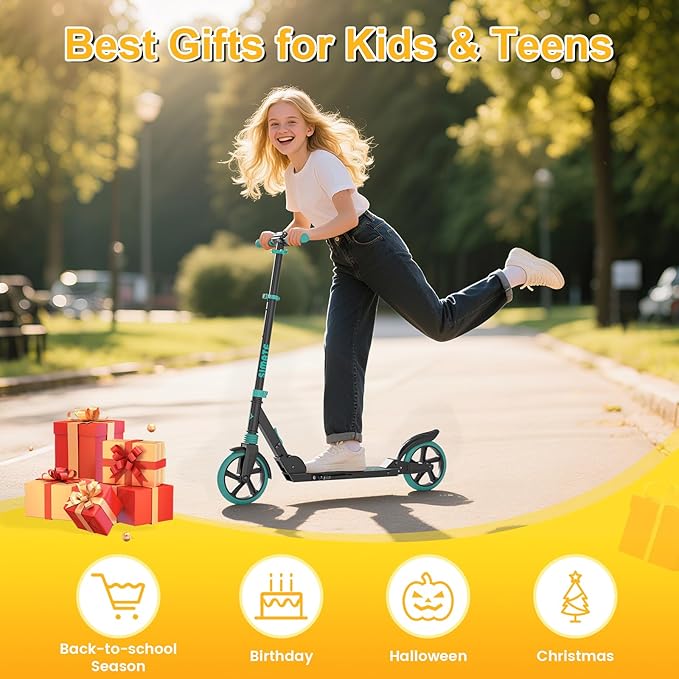 SIMATE Kick Scooter for Kids Teens & Adults, 3 Adjustable Heights, 8IN All Terrain Big Wheels, Dual Suspension, Foldable and Lightweight, Gifts for Girls Boys