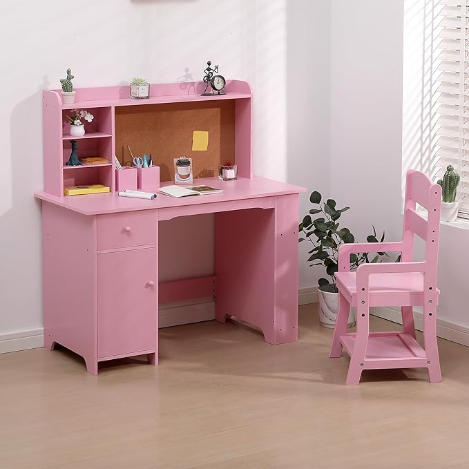 Garvee Kids Desk, Study Desk and Chair Set for Boys and Girl, Wooden Kids Writing Table with Bookshelf, Bulletin Board, Cabinet and Drawer for Ages 3-8, Pink
