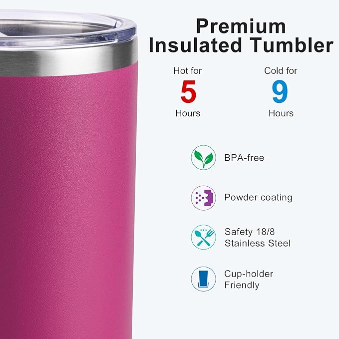 koodee Tumbler with Lid and Straw, 12 oz Insulated Coffee Tumbler Cup Stainless Steel Double Wall Skinny Tumbler with Lid and Straw (Fuchsia Red)