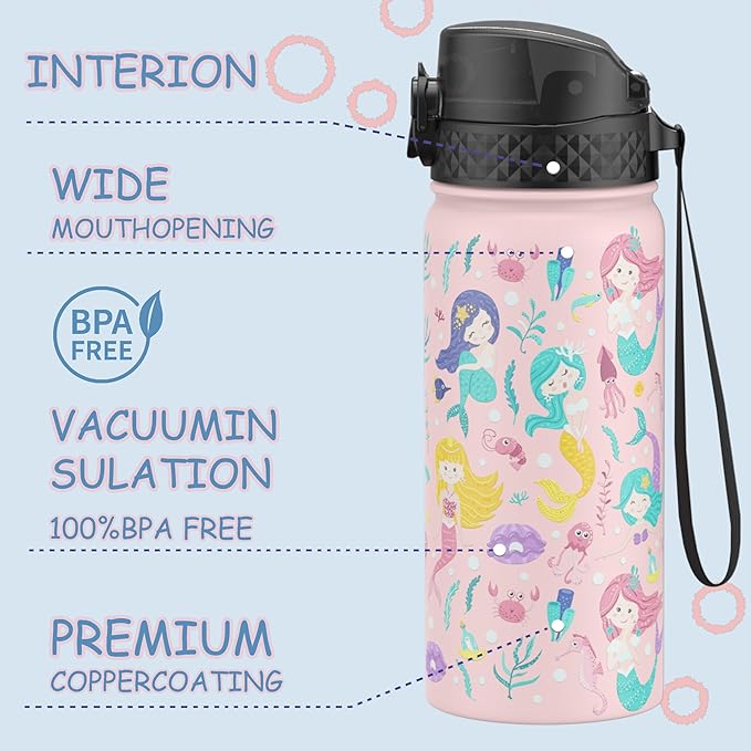 GOPPUS Kids Water Bottle (Straw Lid) - 18 Oz Stainless Steel Travel Bottle, Double Wall Vacuum Leak Proof Kids Cup for School Boys Girls,Happy Mermaids