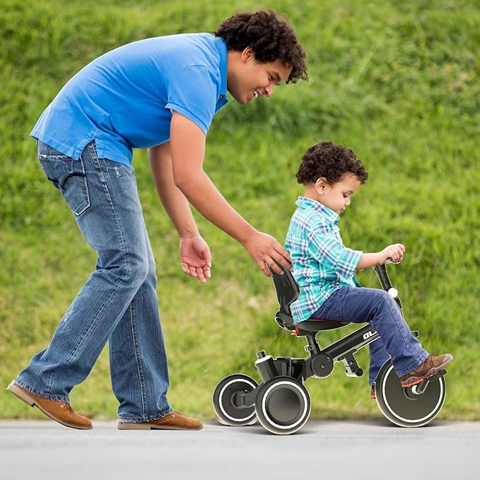 Glaf Toddler Bike Tricycle with Push Handle for 1-3 Years Old Baby Boys and Girls Kids Trike Balance Bike Birthday Toy with Removable Pedals Adjustable Seat Height and Backrest (Black)