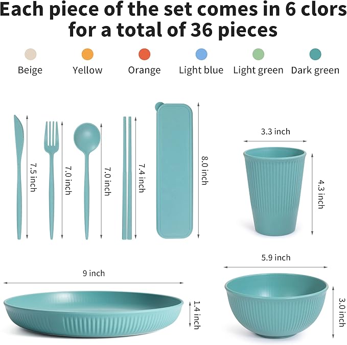 Wheat Straw Dinnerware Sets, Unbreakable Dinnerware Set for 6,Reusable Lightweight Tableware Dinner Dishes, Bowls, Cups, tableware, 24pcs Dinnerware Microwave & Dishwasher & Kids Safe