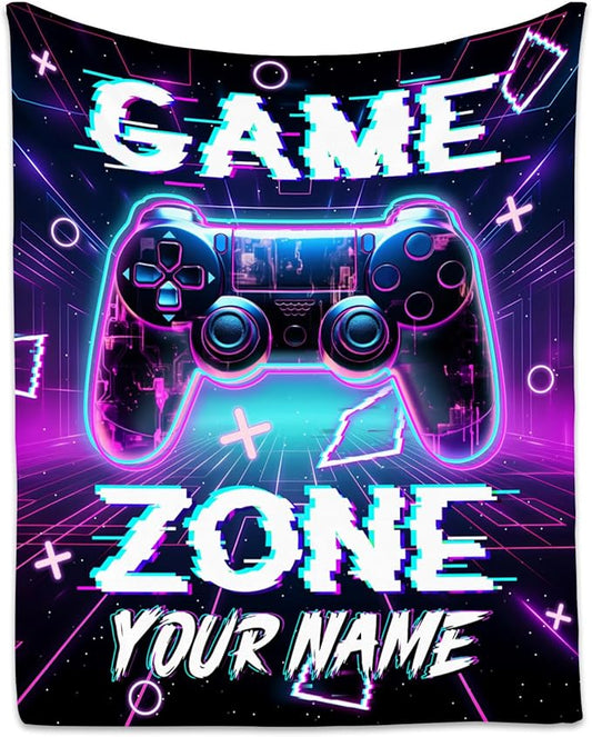 Personalized Gaming Blanket for Boys Men, Custom Gamer Gifts for Kids Teen, 50"x60" Flannel Blankets Gift Ideas for Bedroom, Soft Fuzzy Throws for Couch Sofa Bed