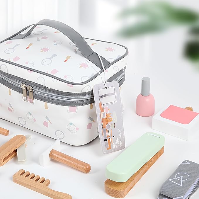 Wooden Kids Makeup Toy Set, Girls Pretend Cosmetic Bag Toys, Play House Beauty Salon Game, Birthday Gift for 3-9 Years Old Christmas 19pcs