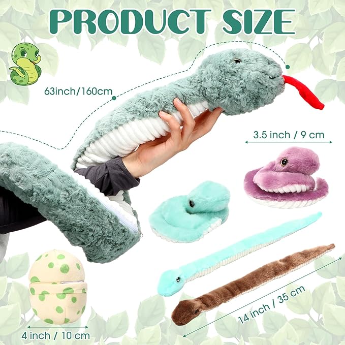 Leitee Giant Snake Stuffed Animal 63 Inch Large Mommy with 4 Babies & 2 Eggs Realistic Stuffed Snake Plush Toys for Kids Christmas Halloween Party Favors Prank Props Gifts(Vivid Style)