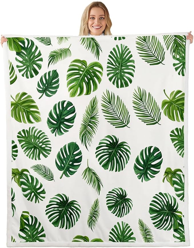 Tropical Leaves Fleece Throw Blanket for Kids Girls Boys Palm Leaf Pattern Plush Blanket Decorative Botanical Plant Sherpa Blanket Green Leaf Branches Fuzzy Blanket for Sofa Bed Couch,Queen 90x90 Inch