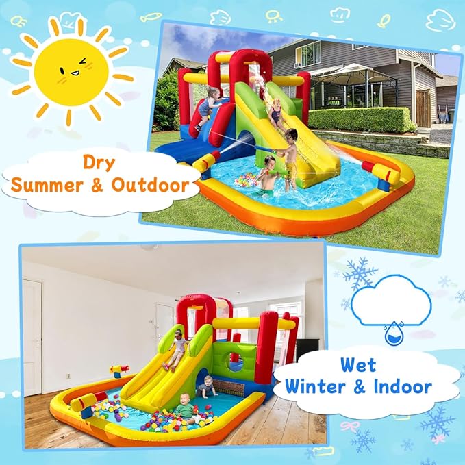 Bounce House Inflatable Water Slide for Kids, Water Park With Splash Pool, Double Cannon, 2 Climbing Walls, Obstacles, Blow Up Jumping Castle With Blower