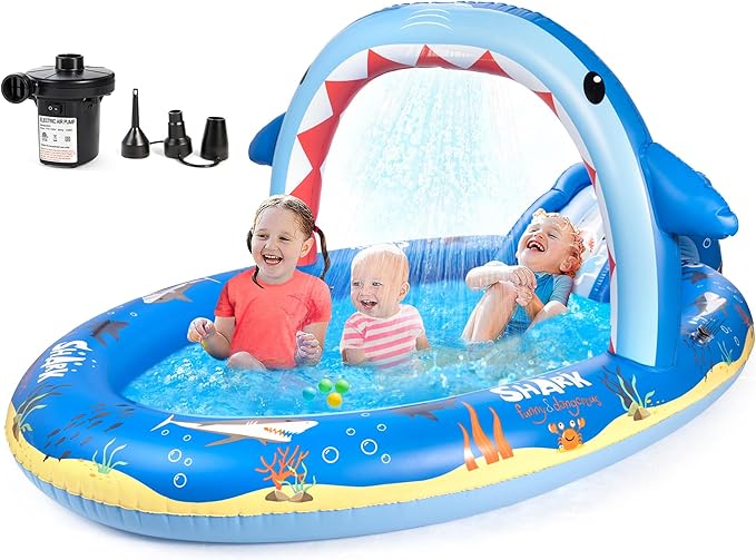 SULIFEEL Dinosaurs Inflatable Play Center Kiddie Pool with Slide and Sprinkler for Children, 96''x59''x39'' Baby Pool for Backyard and Garden, Free Inflatable Pump