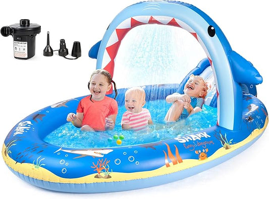 SULIFEEL Dinosaurs Inflatable Play Center Kiddie Pool with Slide and Sprinkler for Children, 96''x59''x39'' Baby Pool for Backyard and Garden, Free Inflatable Pump