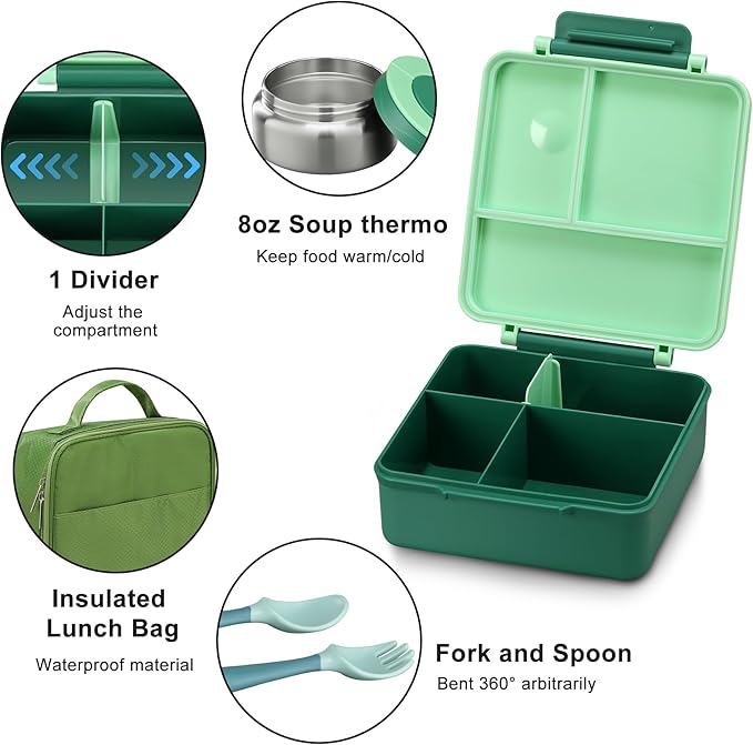Itslife Bento Lunch Box for Kids with 8oz Soup Thermo&Lunch Bag, Leak-Proof Lunch Food Containers with 4 Compartment, Hot Food Insulated Food Jar for Kids School (Green)