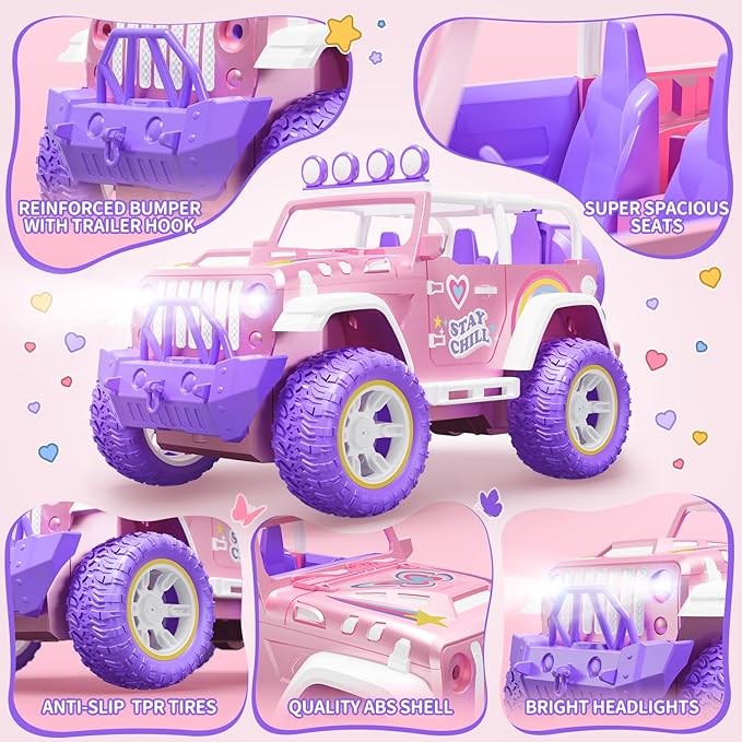 DEERC Pink Remote Control Car for Girls with Fog Mist & Music, 1:16 RC Car with LED Lights for Kids, 2.4Ghz All Terrain SUV Truck Gifts, Off-Road Racing Vehicle Toy Car, Girls Toys