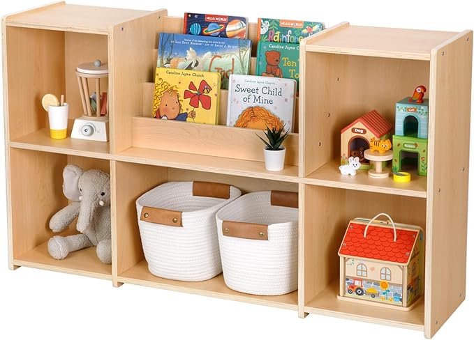 OOOK Montessori Bookshelf and Toy Storage Organizer, 2-Tier Horizontal Bookshelf, 5-Compartment Toy Storage Cabinet with Book Rack, Ideal Choice for Kids Classroom Organizer, Playroom and Daycare