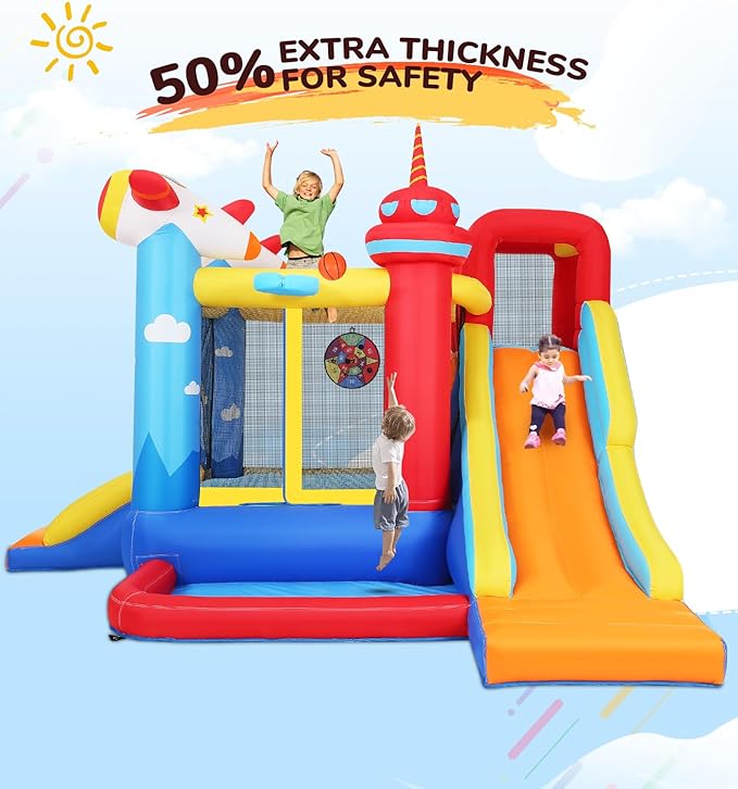 Inflatable Bounce House Water Slide, 7-in-1 Bouncy Castle Combo Water Pool & Bouncing Area & Slides & Basketball Game & Dart Game, Jump House for Kids Aged 3-10 w/Storage Bag, Orange