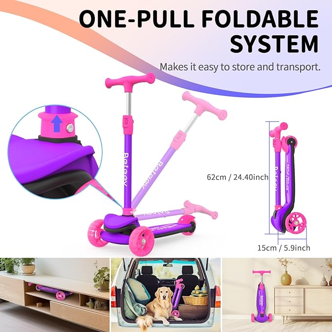 BELEEV A8 Scooter for Kids Ages 3-12, 3 Wheel Folding Scooter for Toddlers Girls Boys, LED Light-Up Wheels, 4 Adjustable Height, Lean to Steer, Extra Wide Wheels, Three Wheel Kick Scooter for Children