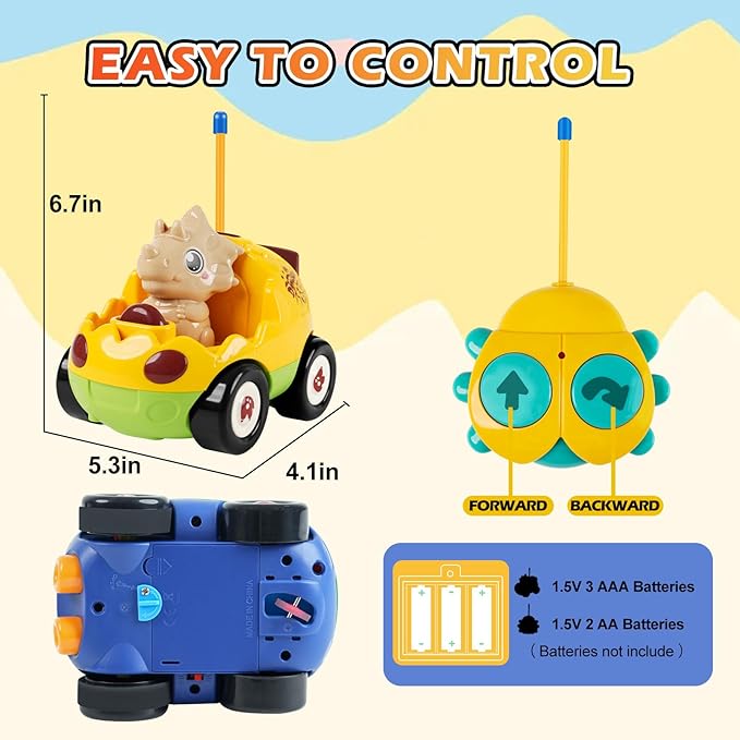 2-Pack Remote Control Dinosaur Toy Car for Kids - Birthday Gifts for Boys Toddlers Ages 18+ Months, 2 3 4 5 Year Old, Dino RC Vehicle with Lights and Music