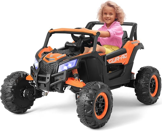 JOYLDIAS 4WD Ride On Car, 12V Battery Powered Electric Off-Road UTV for Kids, 4X4 Electric Vehicle with 4 Powerful Engines, 2.4G Remote Control, Music, Bluetooth, LED Lights for Boys and Girls, Orange