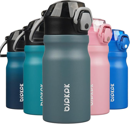 BJPKPK Insulated Water Bottle 14oz Stainless Steel Water Bottles With Straw And Carry Handle Double Wall Metal Thermo,Dark Grey