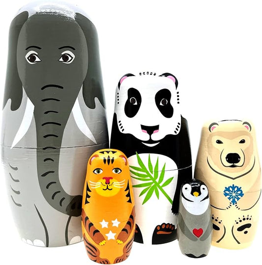 Long-Nosed Elephant Nesting Dolls Wooden Matryoshka Russian Doll Handmade Stacking Toy Set 5 Pieces for Kids