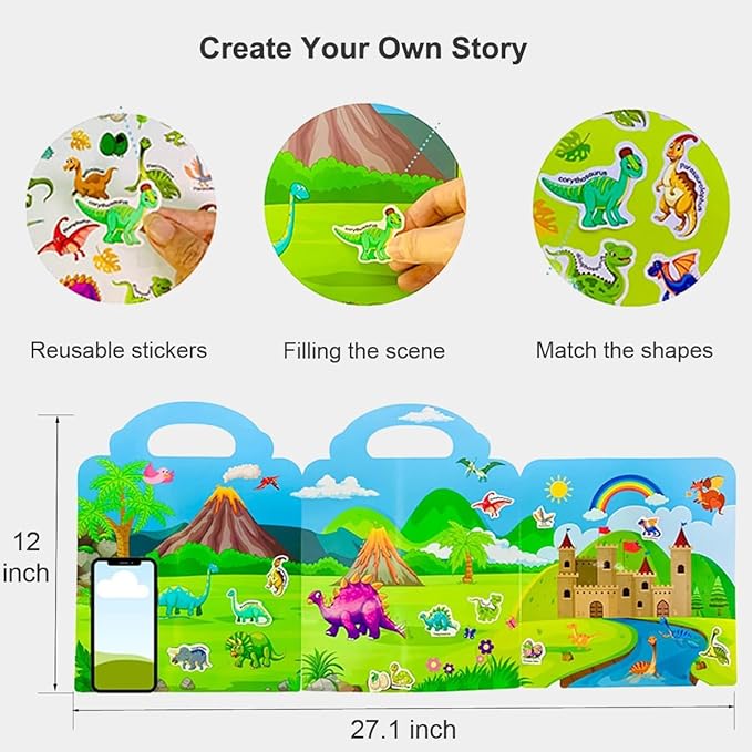 Reusable Sticker Books for Kids, Travel Removable Toddler Dinosaur Sticker Books for 3 4 5 Year Old Girls Boys Birthday Gifts Educational Learning Toys
