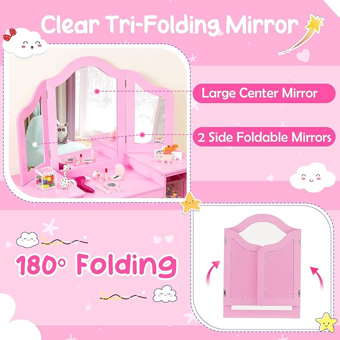 Costzon Kids 2-in-1 Princess Makeup Desk & Chair with Detachable Mirror, Shelves, Dressing Table for Little Girls (Pink)