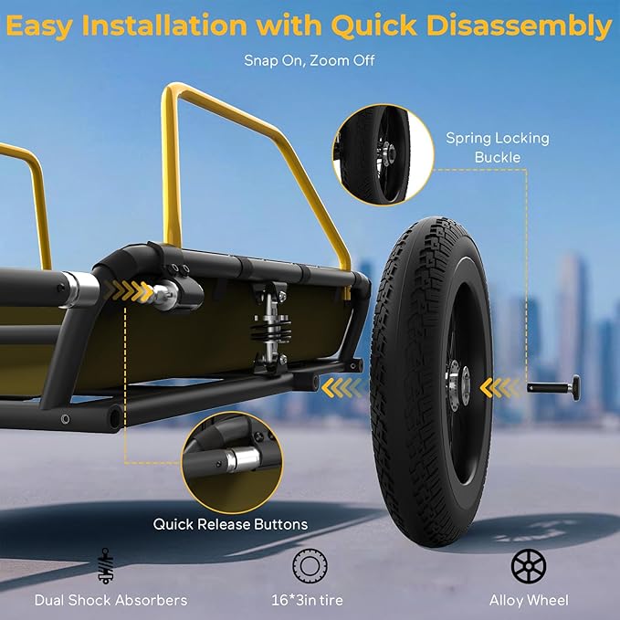 Heavy-Duty Bike Cargo Trailer, 3-in-1 Collapsible Foldable Design with 150lb Capacity Universal Hitch & Removable Caster Dual Shock Absorbers, Quick Release 16" Wheels Bicycle Traile