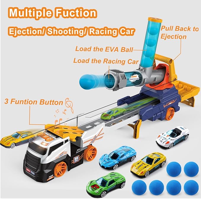 Dwi Dowellin Truck Toys for Kids, 28" Large Car Toys Include 4 Race Cars+6 Soft Foam Balls, with Light & Sounds, Eejection&Shooting Transport Trucks Toy, Gifts for Boys Girls 3 4 5 6 7 8+ Year Old