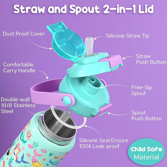 Fimibuke Kids Insulated Water Bottle with Pop-Open Straw & Spout 2-in-1 Lid, 14oz Leak Proof 18/8 Stainless Steel Vacuum Tumbler, BPA-Free Kids Cup For Travel School Girls Boys Toddler 2Packs