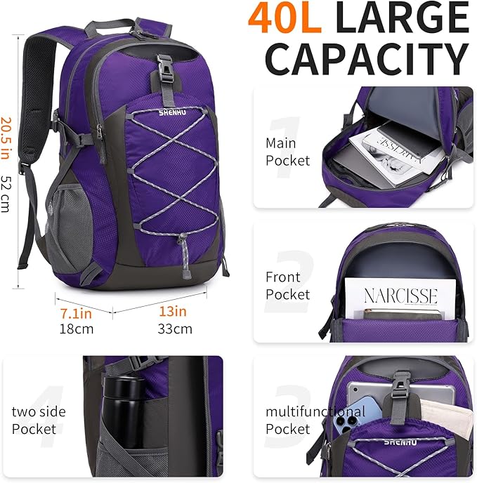 40L Hiking Backpack Lightweight Daypack Waterproof Travel Camping Backpack for Men Women Sport Packable