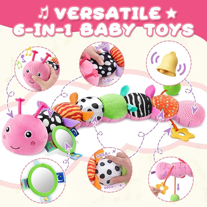 Baby Toys 0-6-12 Months,Musical Caterpillar Stuffed Animals Activity Infant Toys with Crinkle,Rattles,Mirror&Pull String,Muti-Sensory Toys Gifts for Newborn Tummy Time,Candy Pink|Leafy