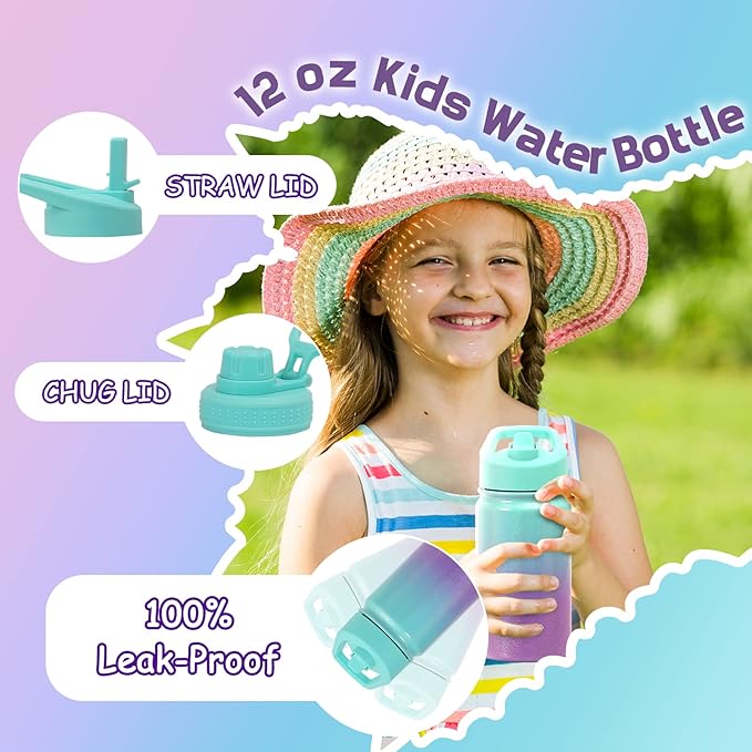 Mininoo Insulated Kids Water Bottle, 12 oz Stainless Steel Water Bottle Kids with Straw Lid and Chug Lid for Girls, Boys (Aurora)