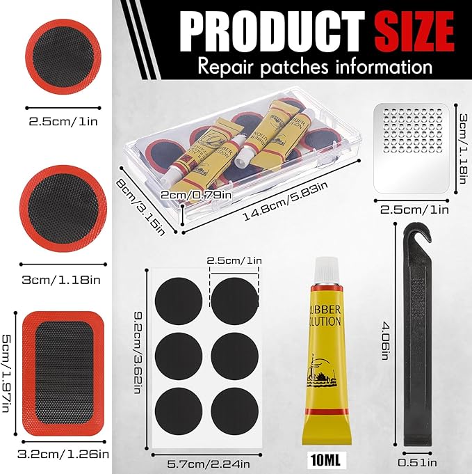 Tallew 72 Pcs Bike Tire Repair Kit with 50 Pcs Vulcanizing Patches, 12 Pcs Pre Glued Patches, 4 Pcs Vulcanizing Fluid, 4 Pcs Metal Rasp and 2 Pcs Plastic Levers for Cycling Motorcycle Bicycle