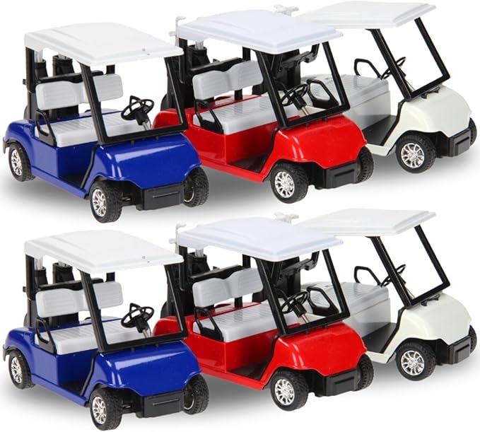6 Pack: Diecast Golf Carts Toy with Clubs, Alloy Metal Mini Model 1:20 Scale Golfcart Pullback Vehicles for Golfing Themed Office Desk Decor, Bulk Birthday Party Cake Decorations (4.75 Inches)
