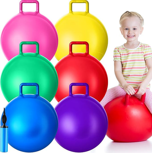 Lewtemi 6 Pcs Hopper Ball Carnival Outdoor Games 15 Inch Jumping Hopping Inflatable Bouncing Ball with Handle and Air Pump for Kids Sport Exercise (Red, Blue, Green, Pink, Yellow, Purple)