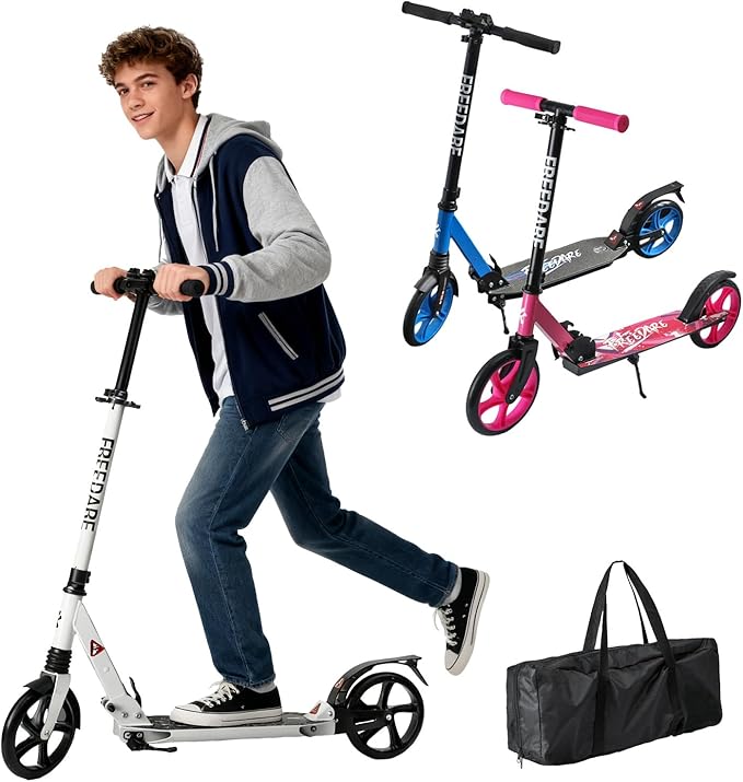 FREEDARE Kick Scooter for Kids & Adults Ages 8+, Foldable Teen Scooter with 2 Big 8-inch Wheels and 4-Level Adjustable Handlebar, Max Load 220 LBS