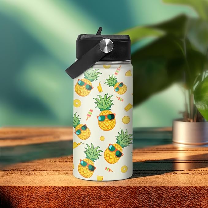 Kids Water Bottle Pineapple Water Bottles 12oz with Straw Insulated Stainless Steel Travel School Tumbler Double Wall Vacuum Cup for Girls Kid Boys
